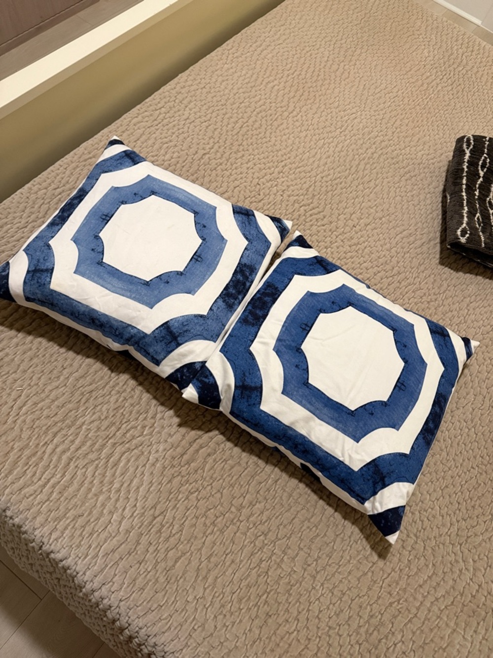 Blue and White Geometric Pillows and Shams